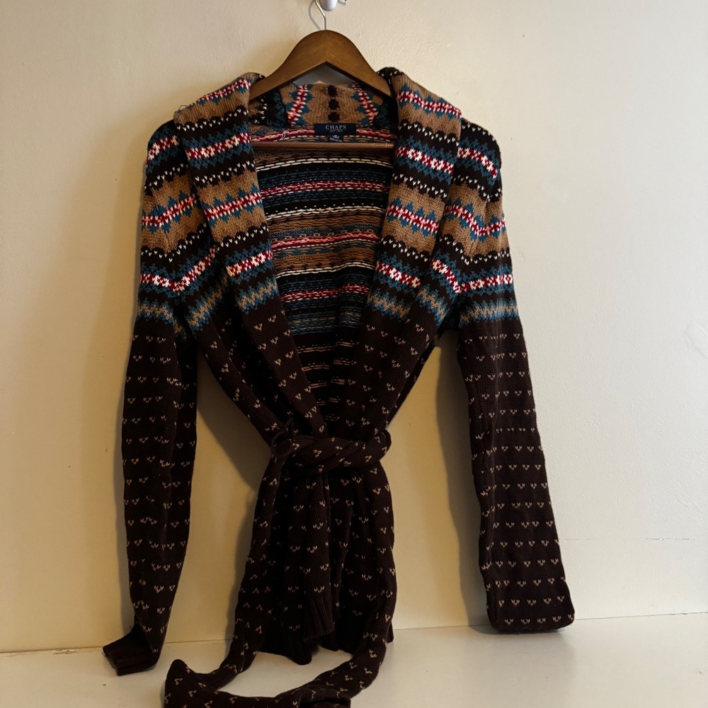Chaps Women's M Brown Southwestern Fair Isle 100% Cotton Wrap Cardigan Sweater